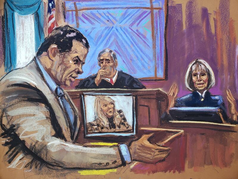 A courtroom sketch showing Donald Trump's lawyer Joe Tacopina questioning E Jean Carroll before US District Judge Lewis Kaplan in New York. Reuters