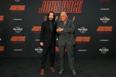 Keanu Reeves and Laurence Fishburne at the John Wick: Chapter 4 premiere at the TCL Chinese Theatre in Los Angeles. AP