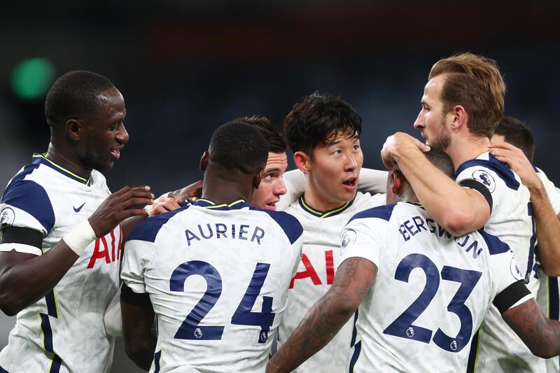 Soccer Football - Premier League - Tottenham Hotspur v Manchester City - Tottenham Hotspur Stadium, London, Britain - November 21, 2020 Tottenham Hotspur's Giovani Lo Celso celebrates scoring their second goal with Son Heung-min, Harry Kane and teammates Pool via REUTERS/Clive Rose EDITORIAL USE ONLY. No use with unauthorized audio, video, data, fixture lists, club/league logos or 'live' services. Online in-match use limited to 75 images, no video emulation. No use in betting, games or single club /league/player publications.  Please contact your account representative for further details.