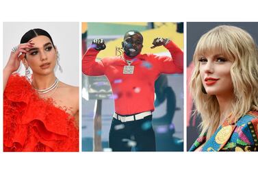 2021 Grammy Awards performers, from left: Dua Lipa, DaBaby and Taylor Swift. AP Photo, Getty Images