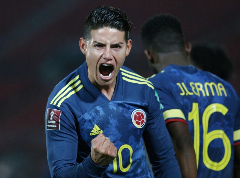 Colombia's James Rodriguez celebrates during their spiky World Cup qualifying draw with Chile in Santiago on Tuesday, October 13. Reuters