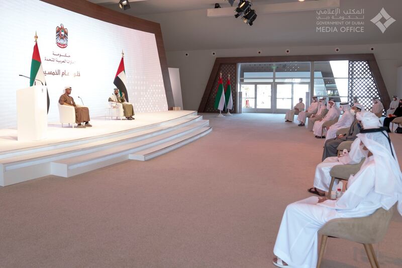 Sheikh Mohammed bin Rashid, Vice President and Ruler of Dubai, and Sheikh Mohamed bin Zayed, Crown Prince of Abu Dhabi and Deputy Supreme Commander of the Armed Forces, chair the government retreat on Tuesday. Courtesy: Dubai Media Office