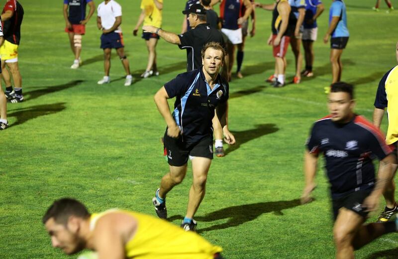 Ed Lewsey, center, during training of UAE national rugby team at Jebel Ali Centre of Excellence in Dubai. Pawan Singh / The National 

