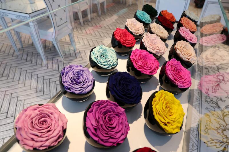 ABU DHABI, UNITED ARAB EMIRATES , Feb 11  – 2020 :-  Roses for sale at the Forever Rose Café at The Galleria on Al Maryah Island in Abu Dhabi. (Pawan  Singh / The National) For Lifestyle. Story by Saeed
