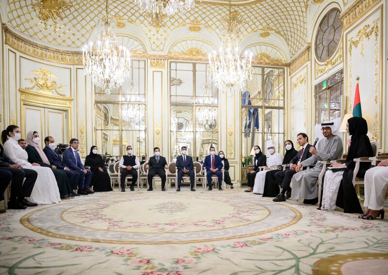 President Sheikh Mohamed with Emirati students and doctors, along with Shamma bint Suhail Al Al Mazrouei, Sheikh Hazza bin Zayed and Sheikh Mansour bin Zayed, UAE Deputy Prime Minister and Minister of the Presidential Court, fourth from left. Photo: Presidential Court