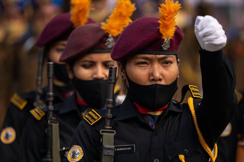Women commandos of the Assam Police take part in a parade in Gauhati. AP
