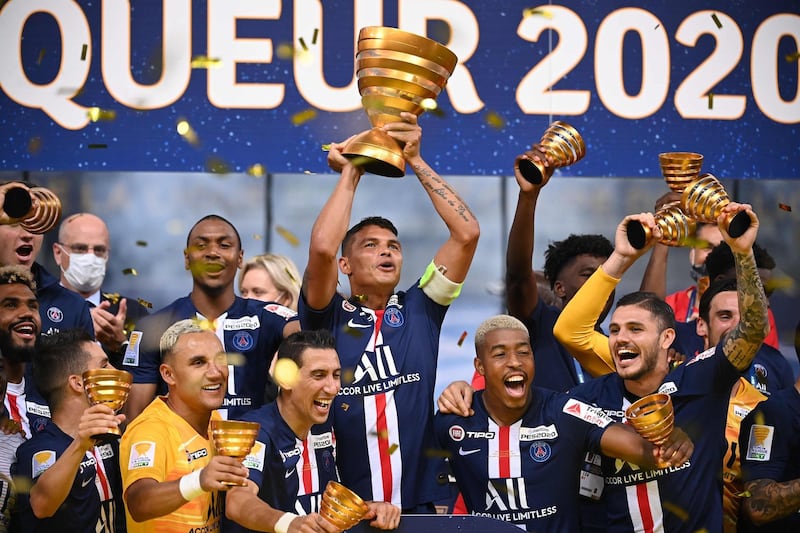 Paris Saint-Germain defender Thiago Silva, centre, and teammates celebrate. AFP