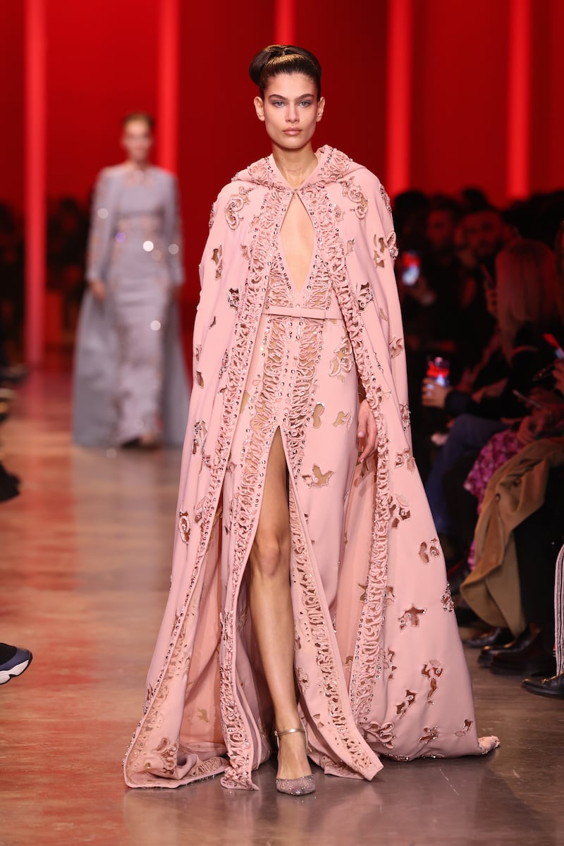 The Moroccan djelleba became a hooded cape at the Elie Saab show. Getty Images