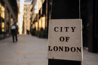 A sign for the City of London on a bollard in London, U.K., on Monday, March 8, 2021. Values in the U.K. capital should jump about 25% over the next five years, outpacing other European capitals, according to DWS researchers. Photographer: Jason Alden/Bloomberg