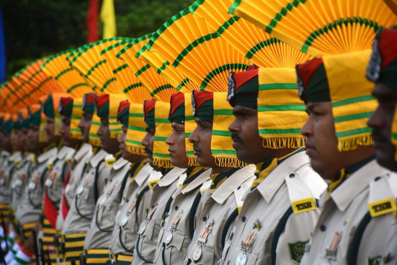Indian paramilitary force personnel march pasts during the final dress rehearsal ahead of Independence Day celebration in Agartala, the capital of northeastern state of Tripura. Arindam Dey/AFP