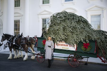 US First Lady Melania Trump stands in front of the White House Christmas Tree at the North Portico of the White House.  Photographer: Sarah Silbiger/Bloomberg