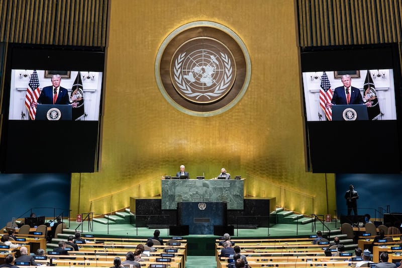 Donald Trump, president of the United States, speaks in a pre-recorded message. UN via AP