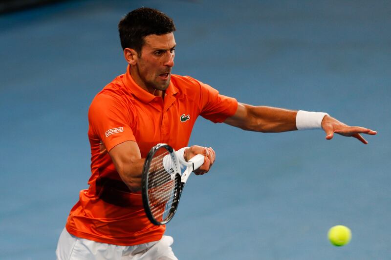 Novak Djokovic plays a forehand to Sebastian Korda during the Adelaide International final. EPA