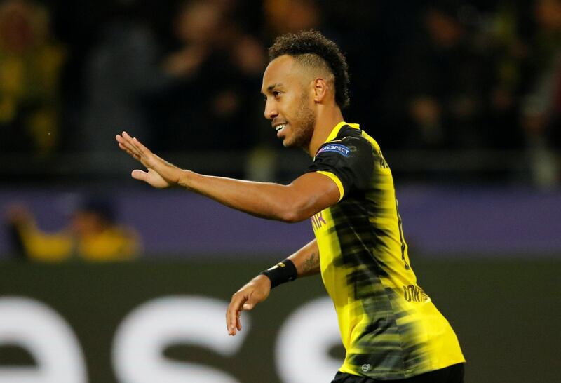 Soccer Football - Champions League - Borussia Dortmund vs Real Madrid - Westfalenstadion, Dortmund, Germany - September 26, 2017   Borussia Dortmund’s Pierre-Emerick Aubameyang celebrates scoring their first goal    REUTERS/Wolfgang Rattay