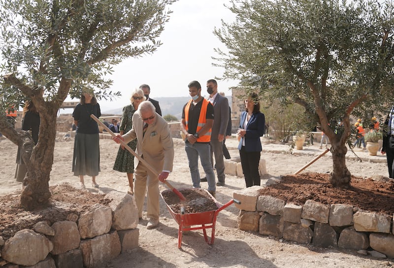 Prince Charles plants a tree in Umm Qais, Jordan. Reuters
