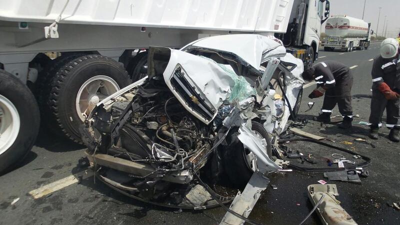 An accident on the Emirates Road in Dubai on September 10. A GCC national was killed in the accident. Courtesy Dubai Police 
