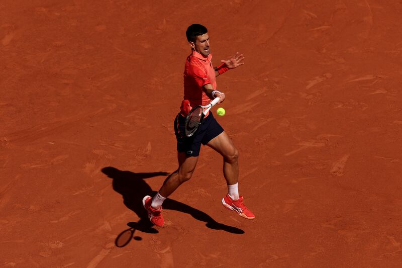 Novak Djokovic on his way to beating Pablo Juan Varillas of Peru on Sunday, June 4, 2023, to reach a record 17th French Open quarter-final. Getty