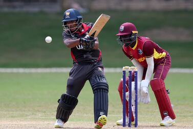 Aayan Khan of United Arab Emirates plays a shot as Rivaldo Clarke of West Indies keeps during the ICC U19 Men's Cricket World Cup Plate Semi Final 1 match between United Arab Emirates and West Indies at Queen's Park Oval on January 28, 2022. Photo: ICC