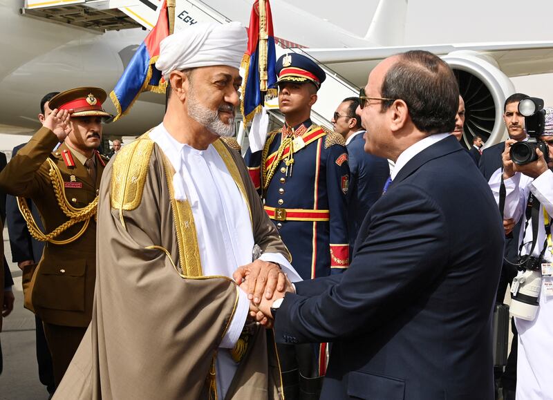 Oman's Sultan Haitham bin Tariq shakes hands with Egypt's President Abdel Fattah El Sisi in Cairo. Reuters