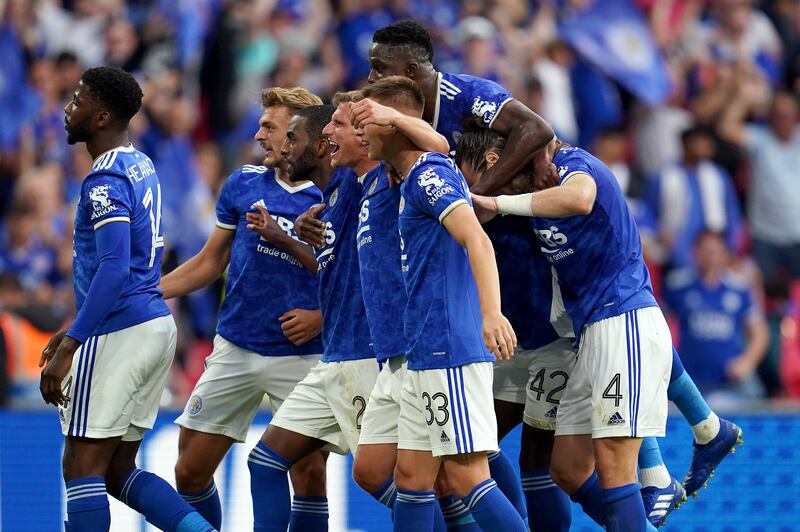 Leicester City's Kelechi Iheanacho celebrates scoring the winner in the Community Shield match against Manchester City at the Wembley Stadium.