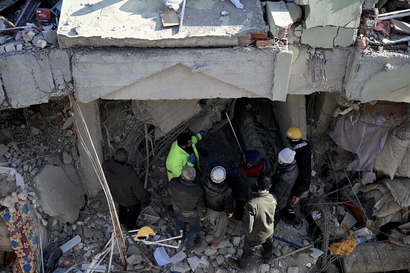 Rescuers search for survivors in the rubble of collapsed buildings in Kahramanmaras, three days after the earthquake struck. AFP