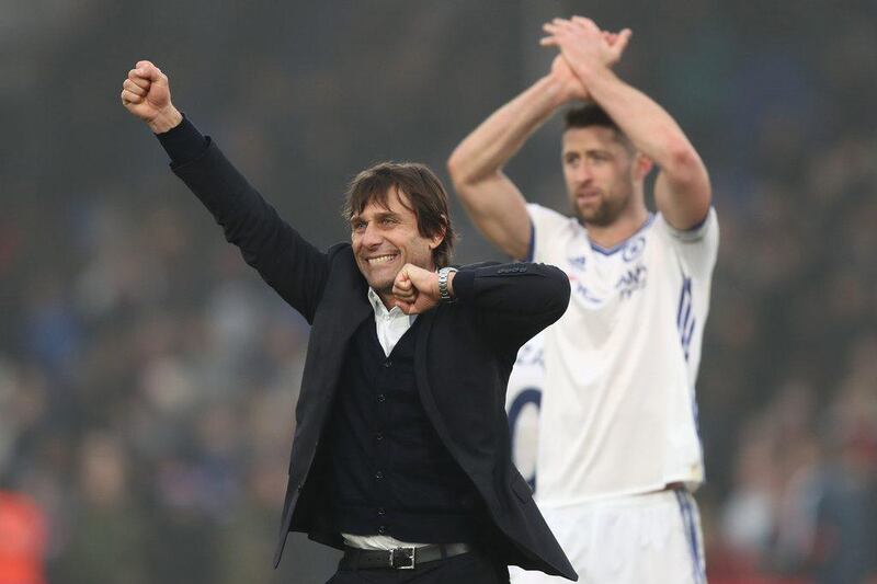 Chelsea manager Antonio Conte celebrates his side’s win. Clive Rose / Getty Images
