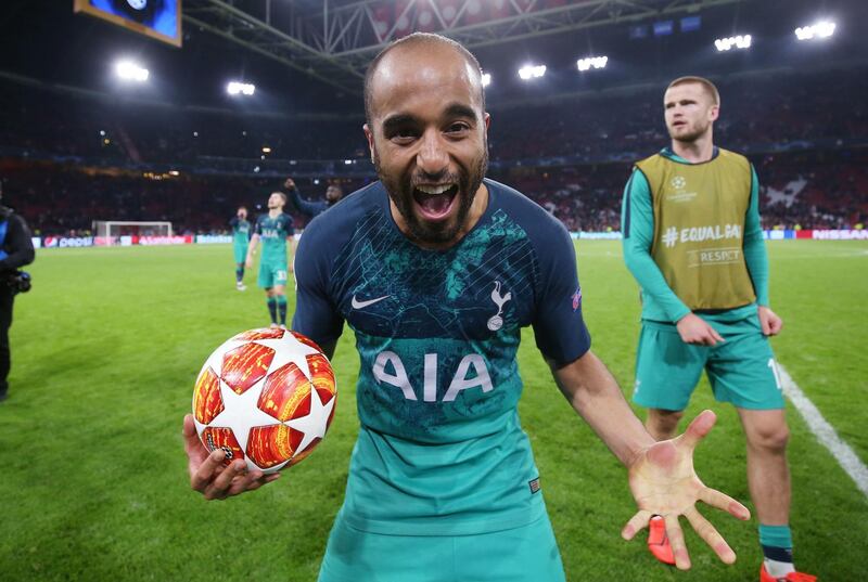 AMSTERDAM, NETHERLANDS - MAY 08: Lucas Moura of Tottenham Hotspur celebrates with the match ball after scoring a hat trick during the UEFA Champions League Semi Final second leg match between Ajax and Tottenham Hotspur at the Johan Cruyff Arena on May 08, 2019 in Amsterdam, Netherlands. (Photo by Tottenham Hotspur FC via Getty Images)