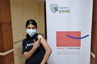 Riva Tulpule, 15, a pupil at Gems Modern Academy, has received her first dose of the Pfizer-BioNTech vaccine. Riva Tulpule