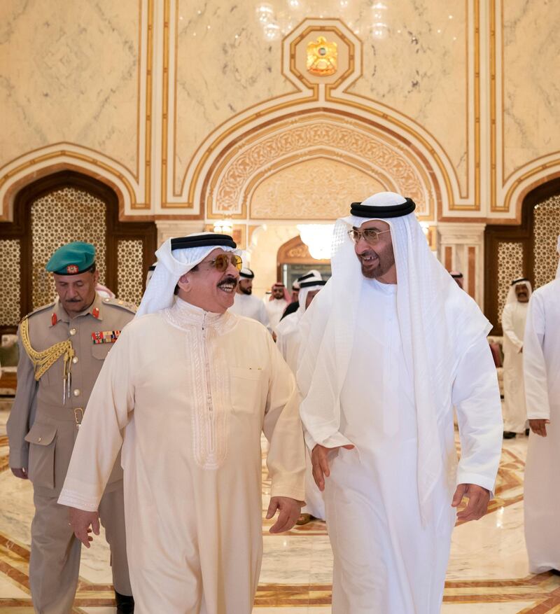 ABU DHABI, UNITED ARAB EMIRATES - May 24, 2019: HH Sheikh Mohamed bin Zayed Al Nahyan, Crown Prince of Abu Dhabi and Deputy Supreme Commander of the UAE Armed Forces (R), bids farewell to HM King Hamad bin Isa Al Khalifa, King of Bahrain (L), at Presidential  Airport. 

( Mohamed Al Hammadi / Ministry of Presidential Affairs )
---