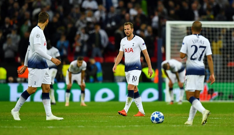 Tottenham's Harry Kane looks dejected after Barcelona's Lionel Messi scored their fourth goal. Reuters