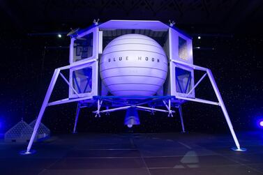 Blue Moon, a lunar landing vehicle, is announced by Amazon's chief executive Jeff Bezos during an event in Washington. AFP