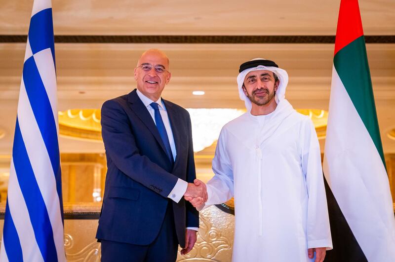 Sheikh Abdullah bin Zayed, Minister of Foreign Affairs and International Co-operation, with Nikos Dendias, Greek Minister of Foreign Affairs. Wam