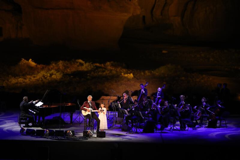 Virginia Bocelli, 9, played guitar during her Middle East debut with her father, Andrea Bocelli. Getty Images for The Royal Commission for AlUla