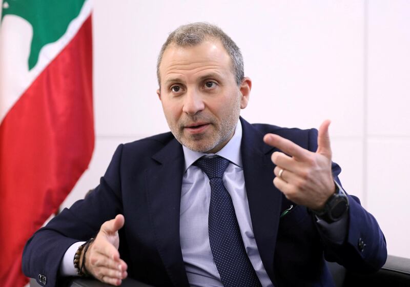 FILE PHOTO: Gebran Bassil, a Lebanese politician and head of the Free Patriotic movement, talks during an interview with Reuters in Sin-el-fil, Lebanon July 7, 2020. REUTERS/Mohamed Azakir/File Photo