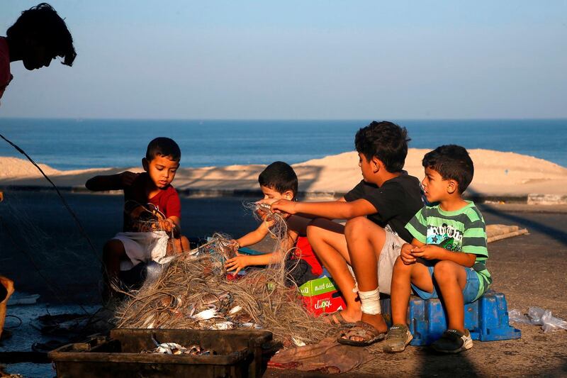Palestinian children help fishermen to take out crabs from a fishing net on the shore of the Mediterranean Sea in Gaza City.  AFP