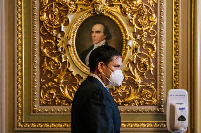 Marco Rubio, a US senator, makes his way through the Senate reception room on day two of former president Donald Trump's second impeachment trial. Reuters