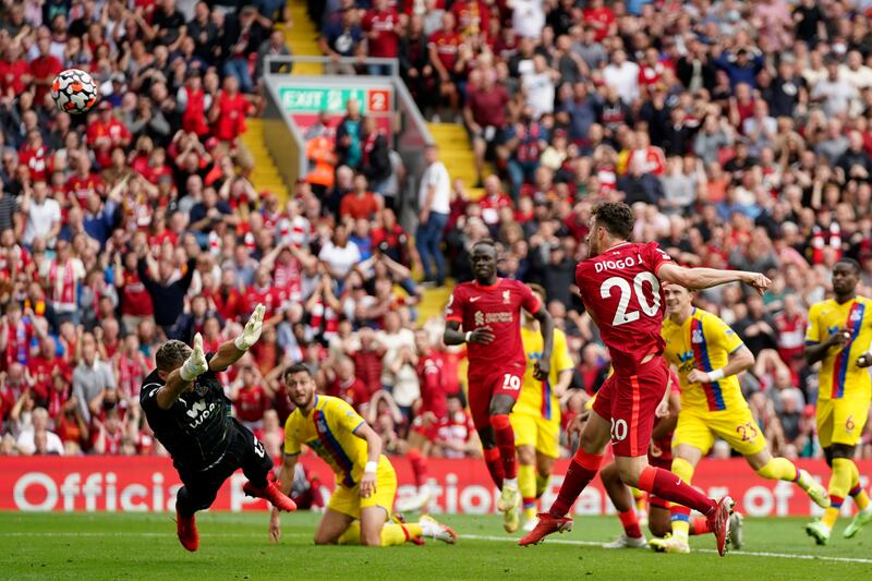 Liverpool's Diogo Jota shoots over the bar from close range. AP