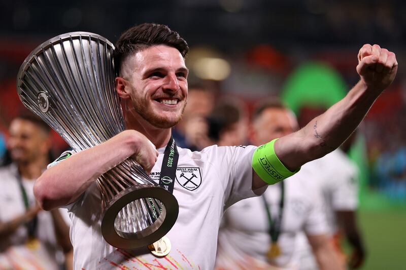 Captain Declan Rice after West Ham United's 2-1 win over Fiorentina in the Europa Conference League final at Eden Arena in Prague on June 7, 2023. Getty