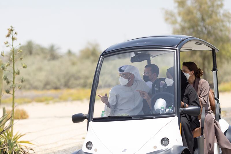 The President, Sheikh Mohamed with Dr Tarifa Al Zaabi, acting director general of the IBCA (front R), and Mariam Al Mheiri, UAE Minister of Climate Change and Environment. Photo: Ryan Carter for the Ministry of Presidential Affairs