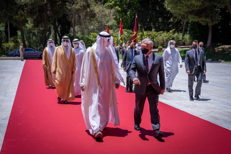 Jordan's King Abdullah II holds talks with Sheikh Mohamed bin Zayed, Crown Prince of Abu Dhabi and deputy supreme commander of the UAE Armed Forces, attended by Crown Prince Al Hussein in Jordan. Courtesy Royal Hashemite Court