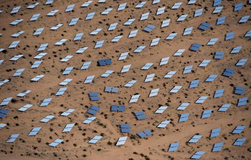 An aerial view of the Ivanpah solar electric generating system, the largest solar thermal power tower system in the world. Ethan Miller / Getty Images / AFP