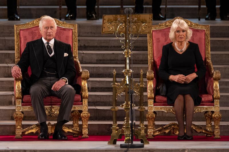 King Charles and Queen Camilla take part in an address in Westminster Hall in September 2022