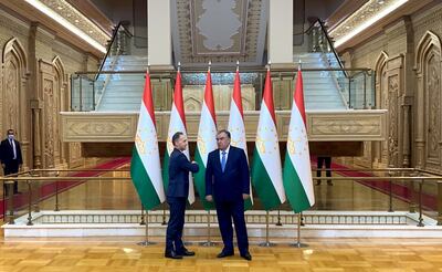 German Foreign Minister Heiko Maas greets Tajik President Emomali Rakhmon in Dushanbe, Tajikistan, on Monday. Reuters 