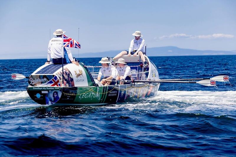 Paris Norriss, Barney Lewis, and Oliver and Harry Amos have reached the halfway point of their trans-Pacific race. Photo: Brothers 'n Oars  