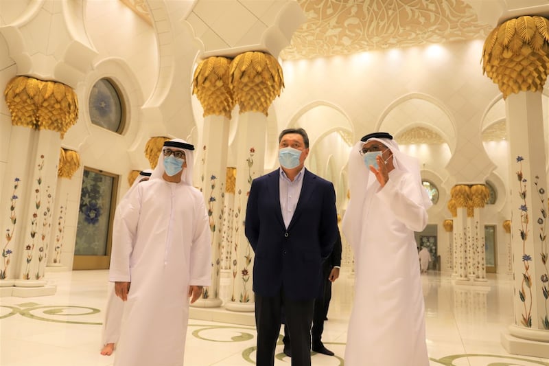 Prime Minister of Kazakhstan Askar Mamin visits Sheikh Zayed Grand Mosque on Sunday. Wam