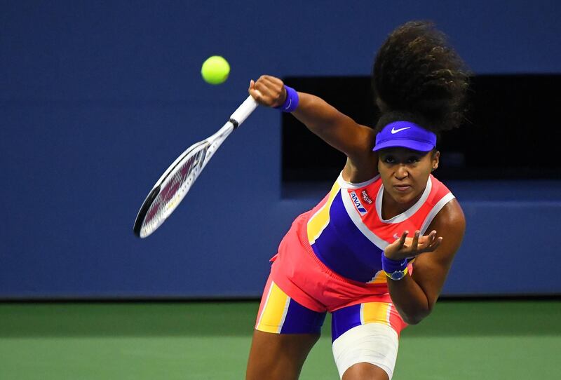 Naomi Osaka serves to Anett Kontaveit during the US Open fourth round. Reuters