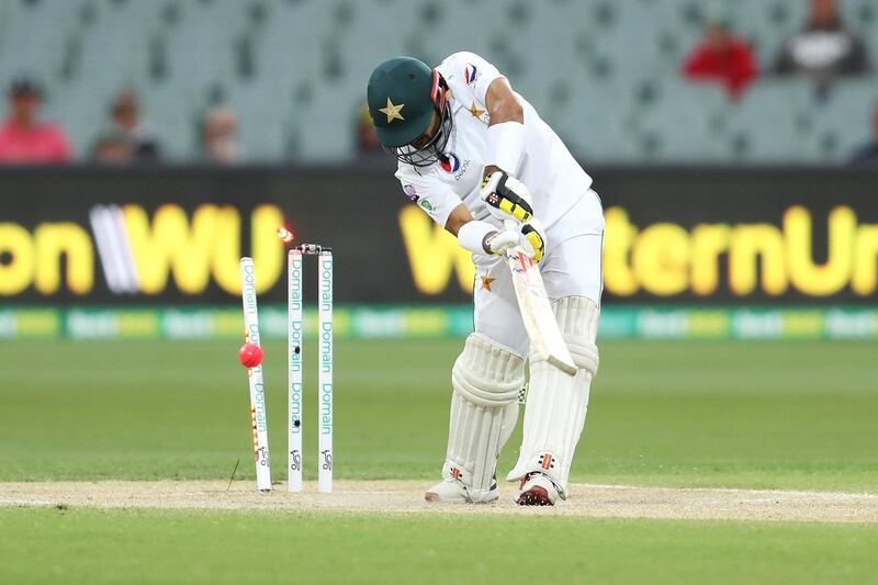 Mohammad Rizwan is bowled during day four of the second Test at Adelaide Oval on Monday. Getty Images