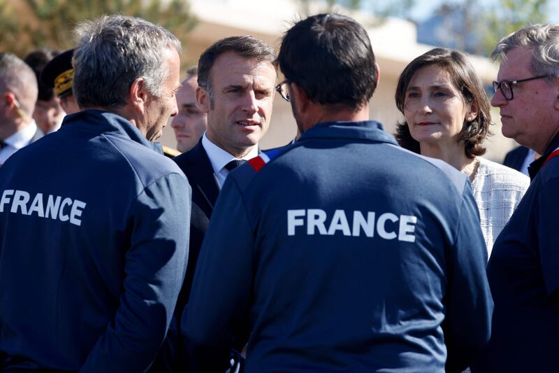 French President Emmanuel Macron and Minister for Sports and Olympics Amelie Oudea-Castera meet Olympics federation officials and French sailing team managers in Marseille. AFP