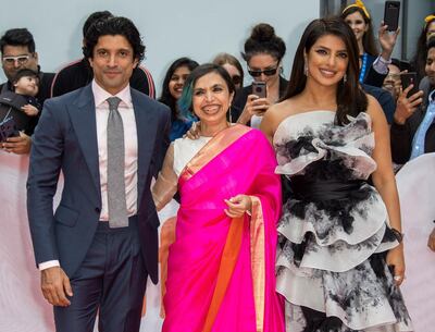 epa07840903 (L-R) Indian actor and cast member Farhan Akhtar, Indian director Shonali Bose and Indian actress and cast member Priyanka Chopra arrive for the premiere of the movie The Sky Is Pink during the 44th annual Toronto International Film Festival (TIFF) in Toronto, Canada, 13 September 2019. The festival runs from the 05 September to 15 September 2019.  EPA/WARREN TODA