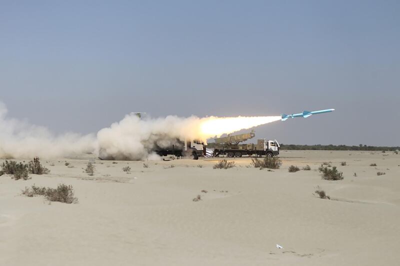 A missile is launched by Iran's military during a navy exercise in the Gulf of Oman. Iranian Army/WANA via REUTERS